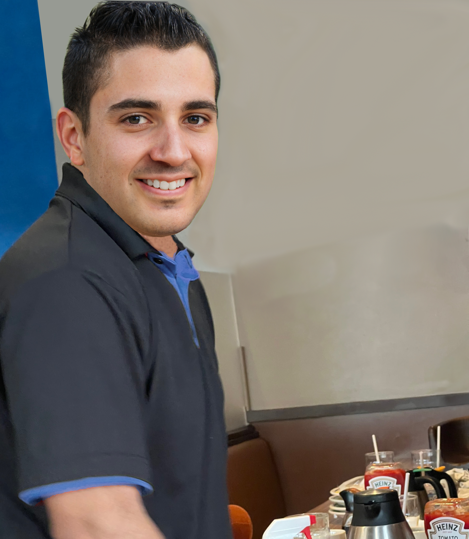 The smiling bus boy is a sign that even he is happy.